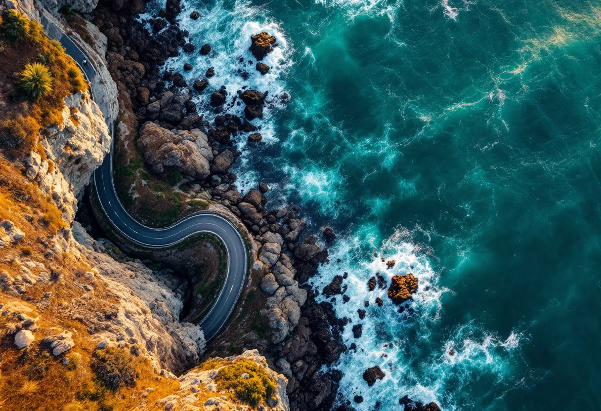 MD drone airborne at golden hour over a coastline, captured from a second drone