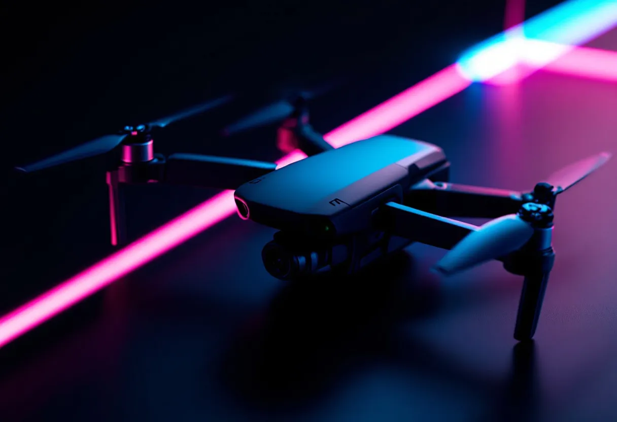 MD foldable 4K camera drone, folded, on a neon-lit desk with cyan and magenta rim light